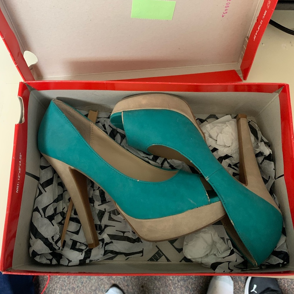 Stylish Teal and Beige Peep Toe Heels